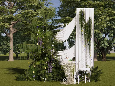 Outdoor Photo Check in Spot With White Arch Green Vines Purple Flowers And Lawn Trees 3d model