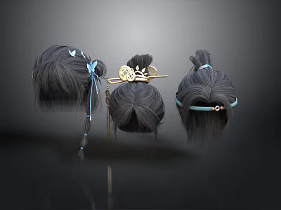 Elegant Hair Accessories With Blue Ribbons Golden Decorations And Hairpins 3d model
