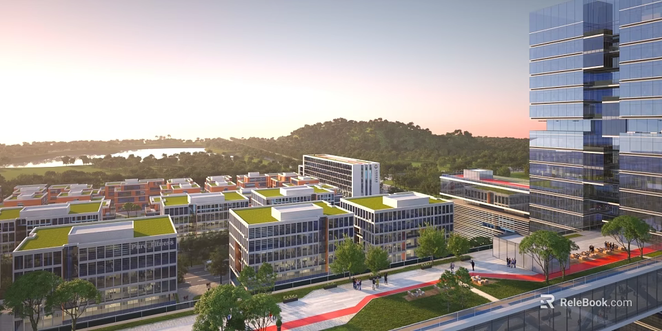 Aerial View Planning of Modern Buildings with Green Roofs Roads and Trees Near Hills and Water 3d model 