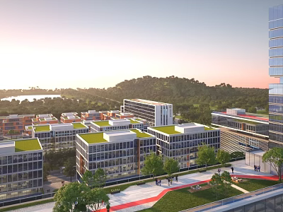 Aerial View Planning of Modern Buildings with Green Roofs Roads and Trees Near Hills and Water 3d model