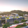 Aerial View Planning of Modern Buildings with Green Roofs Roads and Trees Near Hills and Water