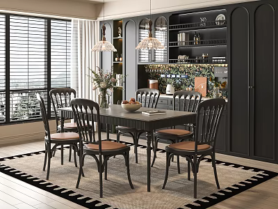 Elegant Restaurant Dining Area With Dark Cabinets Dining Table Chairs And Pendant Lights 3d model