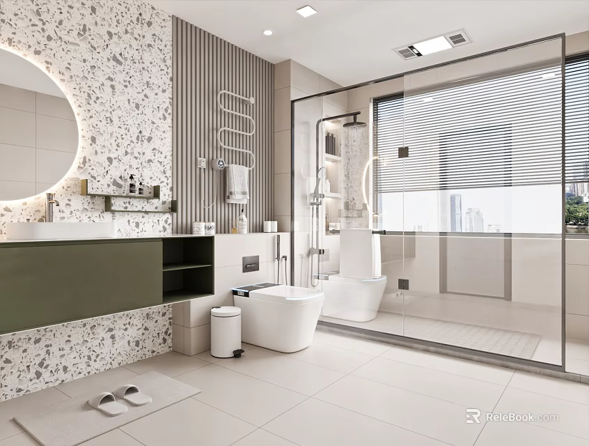 Modern Bathroom Interior With Round Mirror Speckled Wall Green Vanity Glass Shower And Free-standing Bathtub 3d model 