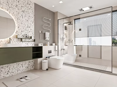 Modern Bathroom Interior With Round Mirror Speckled Wall Green Vanity Glass Shower And Free-standing Bathtub 3d model