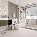 Modern Bathroom Interior With Round Mirror Speckled Wall Green Vanity Glass Shower And Free-standing Bathtub
