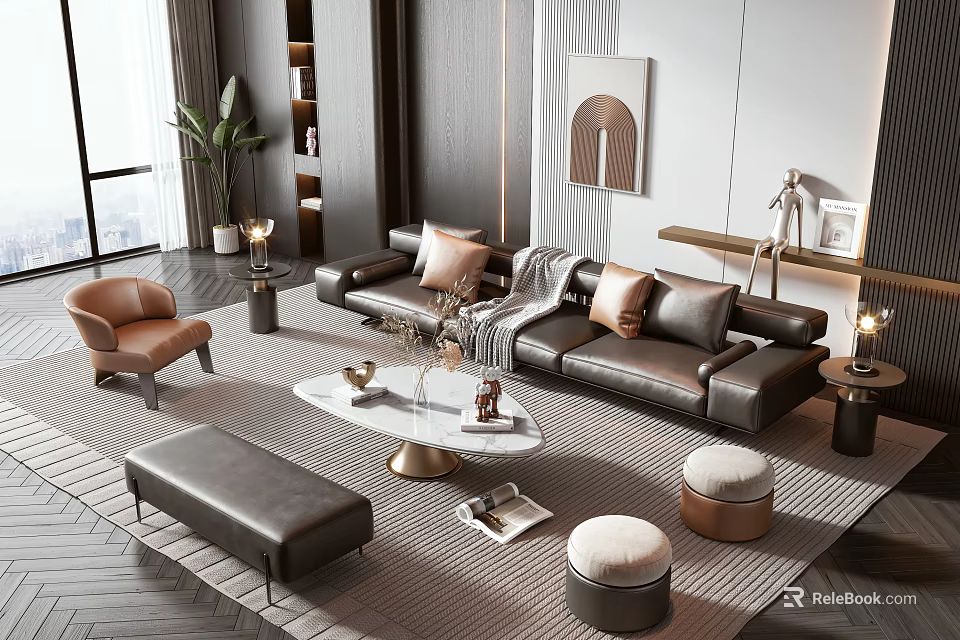 Modern Leather Sofa and Coffee Table Set with Pillows Blanket Round Table Accent Stools 3d model