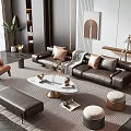Modern Leather Sofa and Coffee Table Set with Pillows Blanket Round Table Accent Stools 3d model