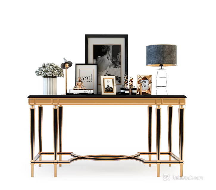 Elegant Gold Console Table with Floral Vase Photo Frames and Table Lamp Decor 3d model