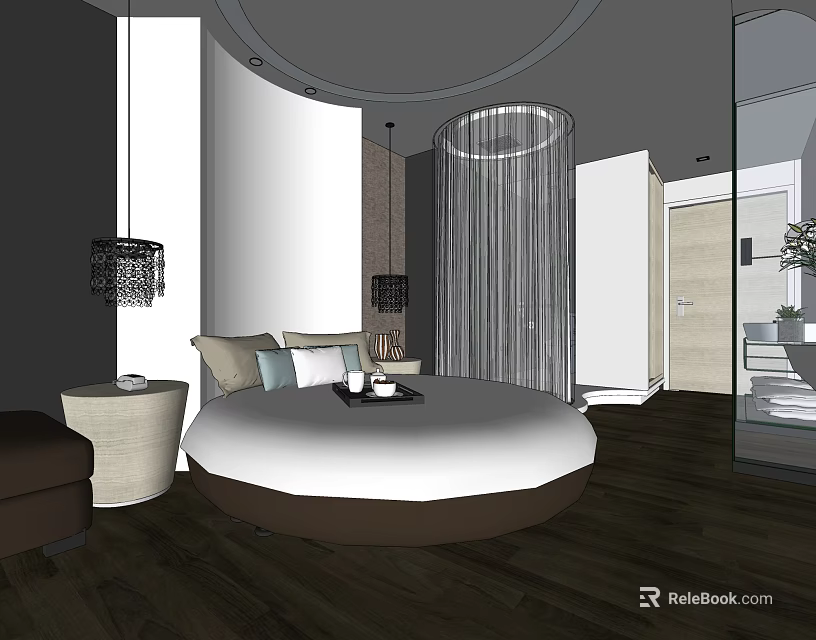 Hotel Guest Room Modern Minimalist Design With Round Bed White Bedding And Wooden Floor 3d model 