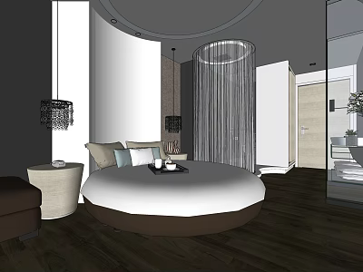 Hotel Guest Room Modern Minimalist Design With Round Bed White Bedding And Wooden Floor 3d model