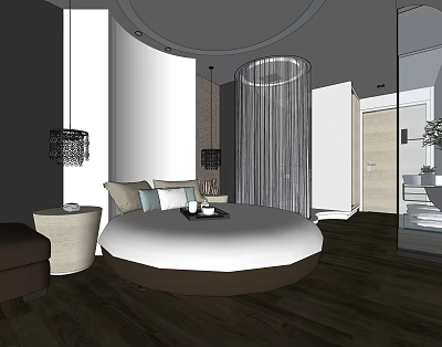 Hotel Guest Room Modern Minimalist Design With Round Bed White Bedding And Wooden Floor 3d model