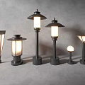 Various Designed Black Metal Outdoor Lights With Illuminated Lamps And Different Top Styles