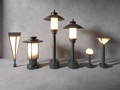Various Designed Black Metal Outdoor Lights With Illuminated Lamps And Different Top Styles 3d model