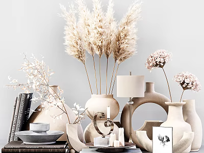Decorative Ornaments Set with Pampas Grass Dried Flowers Ceramic Vases Table Lamp and Photo Frame 3d model