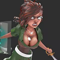 Woman With Brown Hair In Green Outfit Holding Sword And Transparent Shield