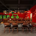 Modern Restaurant Interior With Red Green Decor Bar Stools Dining Tables And Pendant Lights