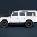 White Classic Off Road Vehicle With Rugged Exterior Yellow Headlights Black Tires And Roof Antenna