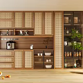 Modern Wine Cabinet With Glass Doors And Wooden Frame In Kitchen Interior