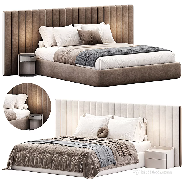 Stylish Double Bed With Upholstered Headboard Plush Pillows And Bedside Tables 3d model 