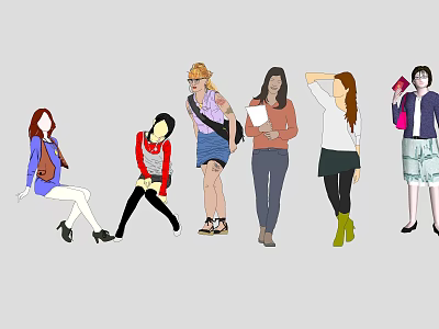 Group of Women in Various Poses with Different Casual Outfits 3d model