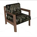 Stylish Wooden Accent Chair With Black And Gold Patterned Upholstery And Solid Wood Armrests