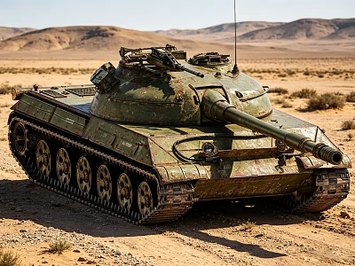 Military Tank With Green Camouflage In Desert Landscape And Mountain Background 3d model