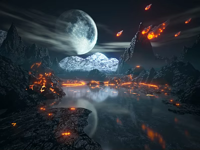 Sci Fi Landscape Featuring Giant Moon Volcanic Lava Mountains Water Reflections And Flying Objects 3d model