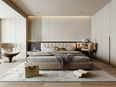 Modern Bedroom Interior Design With Upholstered Headboard Bed Desk Accent Chairs And Wooden Floor 3d model