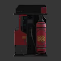 Two Vintage Red Fuel Pumps With Warning Signs And Green Digital Screens
