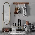 Stylish Wooden Entryway Hook Rack With Hanging Bags Coat Boots And Full Length Mirror