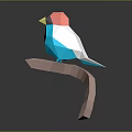 Low Poly Red White Blue Bird Perched on Branch with Dark Background 3d model