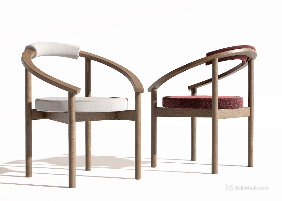 Modern Wooden Frame Armchairs with Curved Armrests and White Red Cushions 3d model 