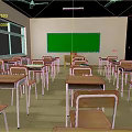 Classroom Interior With Wooden Flooring Rows Of Desks Green Chalkboard And Windows