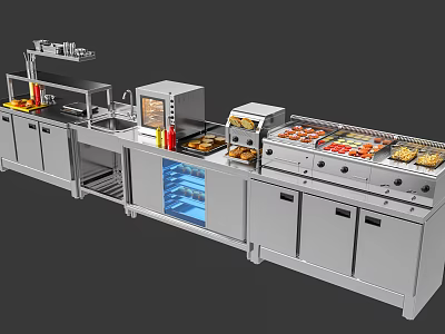 Commercial Kitchen Stainless Steel Workstation With Oven Food Display Condiment Racks And Storage Cabinets 3d model