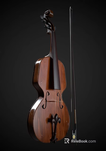 Elegant Wooden Cello Musical Instrument With Strings Bow And Dark Background 3d model 