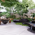 Serene Courtyard Garden With Wooden Table Benches Stone Slab Flooring Green Plants And Red Tree