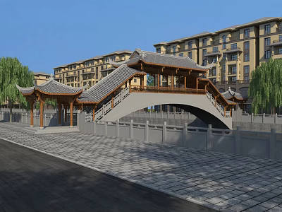 Traditional Chinese Arch Bridge with Wooden Pavilions Surrounding Multi story Buildings and Willow Trees 3d model