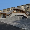 Traditional Chinese Arch Bridge with Wooden Pavilions Surrounding Multi story Buildings and Willow Trees