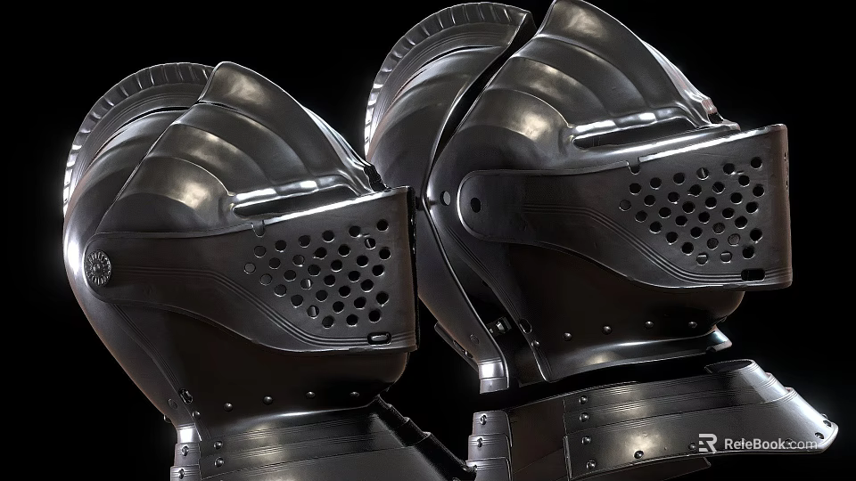 Classic Metal Hats With Perforated Patterns And Medieval Armor Style Displayed In Pair 3d model 