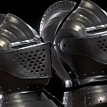 Classic Metal Hats With Perforated Patterns And Medieval Armor Style Displayed In Pair