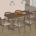 Simple Wooden Dining Table Set with Six Chairs Fruit Bowl Pendant Lights and Wooden Floor
