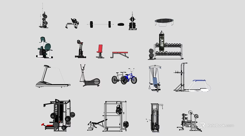 Fitness Equipment For Home Gym Workout Treadmill Dumbbells Barbells And Exercise Bench 3d model 