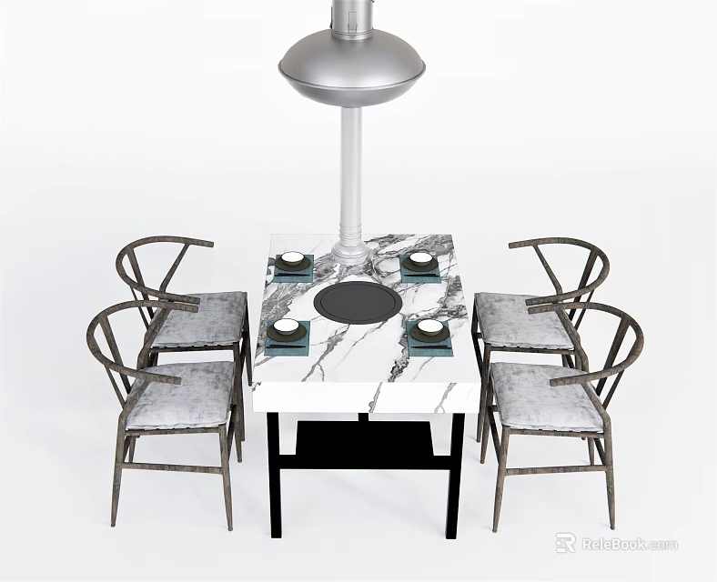 Modern Dining Table Set With Marble Top Metal Chairs Gray Cushions Pendant Light And Tableware 3d model 
