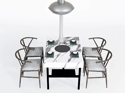 Modern Dining Table Set With Marble Top Metal Chairs Gray Cushions Pendant Light And Tableware 3d model