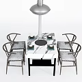 Modern Dining Table Set With Marble Top Metal Chairs Gray Cushions Pendant Light And Tableware