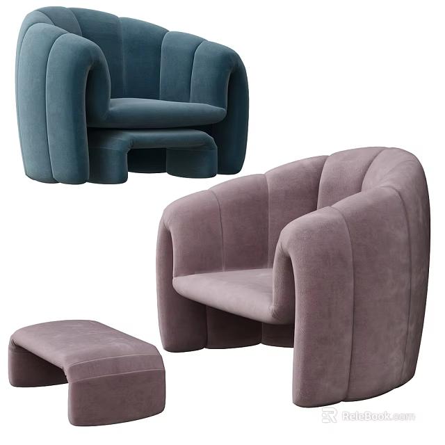 Modern Single Sofa With Velvet Fabric Blue Purple Design And Ottoman Footstool 3d model 