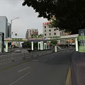Pedestrian Bridge in Modern Urban Area with Street Vehicles Pedestrians Green Structure and Trees