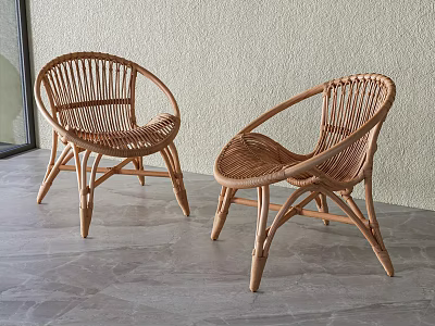 Two Rattan Outdoor Chairs Placed On Gray Floor With Beige Wall And Glass Door 3d model