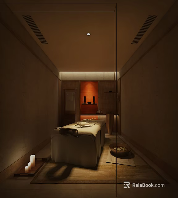 SPA Sauna Relaxation Interior Design With Massage Bed Aromatic Candles And Warm Lighting 3d model 