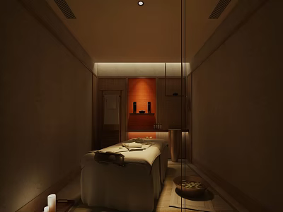 SPA Sauna Relaxation Interior Design With Massage Bed Aromatic Candles And Warm Lighting 3d model